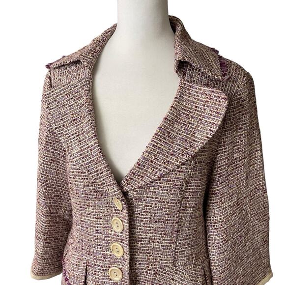 Nanette Lepore Womens 8 Tweed Blazer Jacket Career Purple Tan White Fringe Edge - Picture 10 of 12